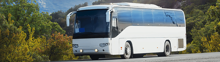 White Motorcoach Bus Driving On A Road Past Green Trees.
