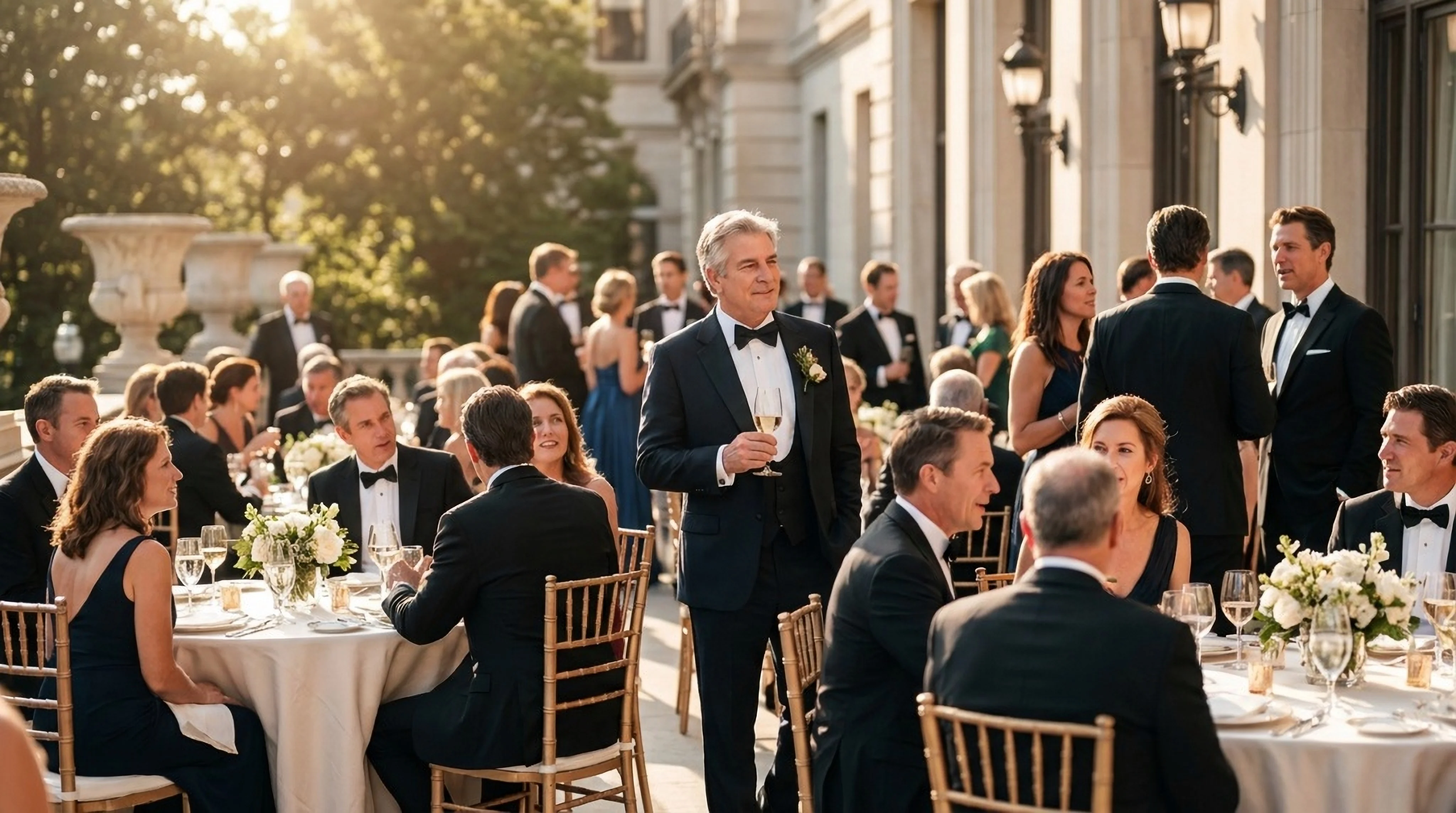Guests socializing at an elegant outdoor formal event.