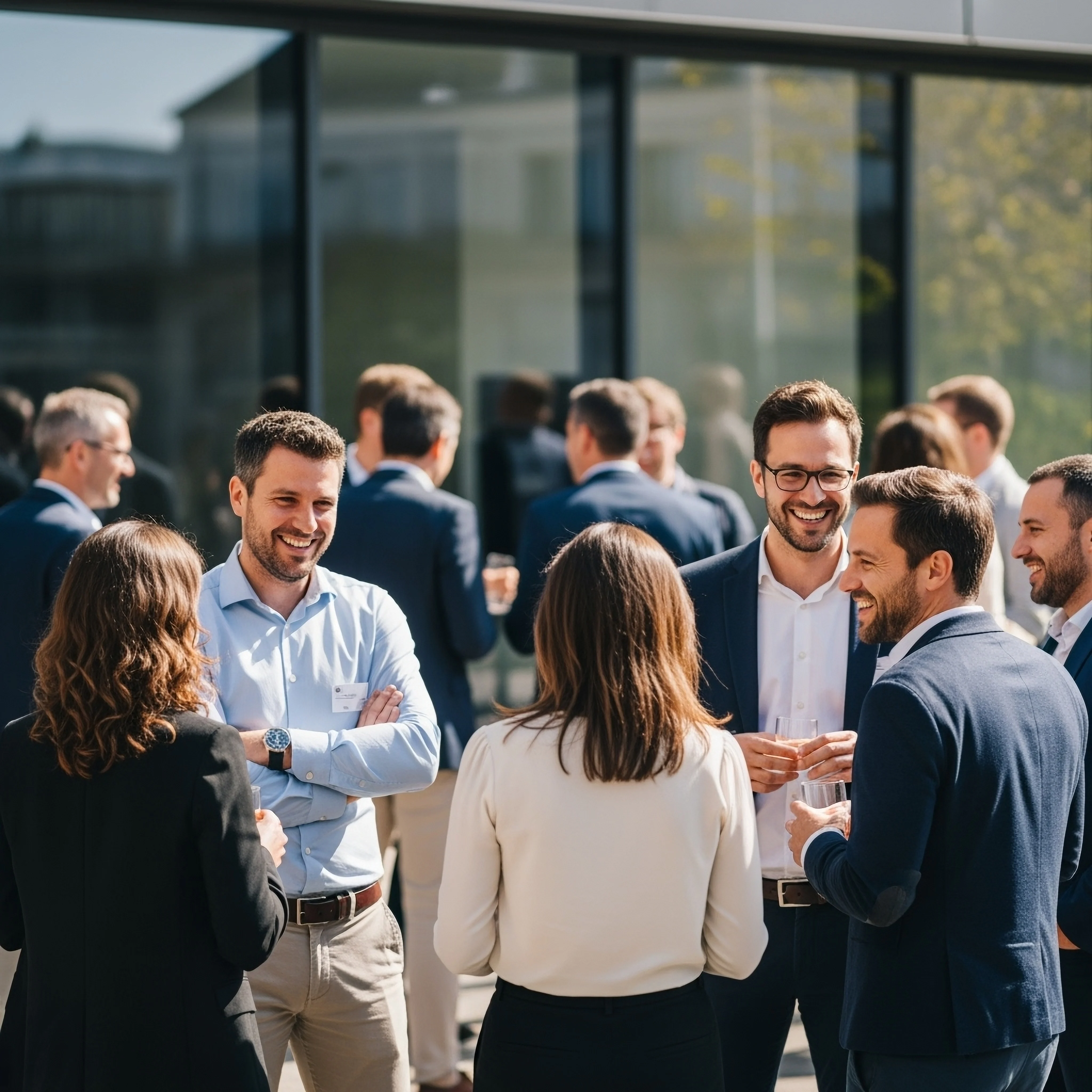 Professionals networking at an outdoor business event.