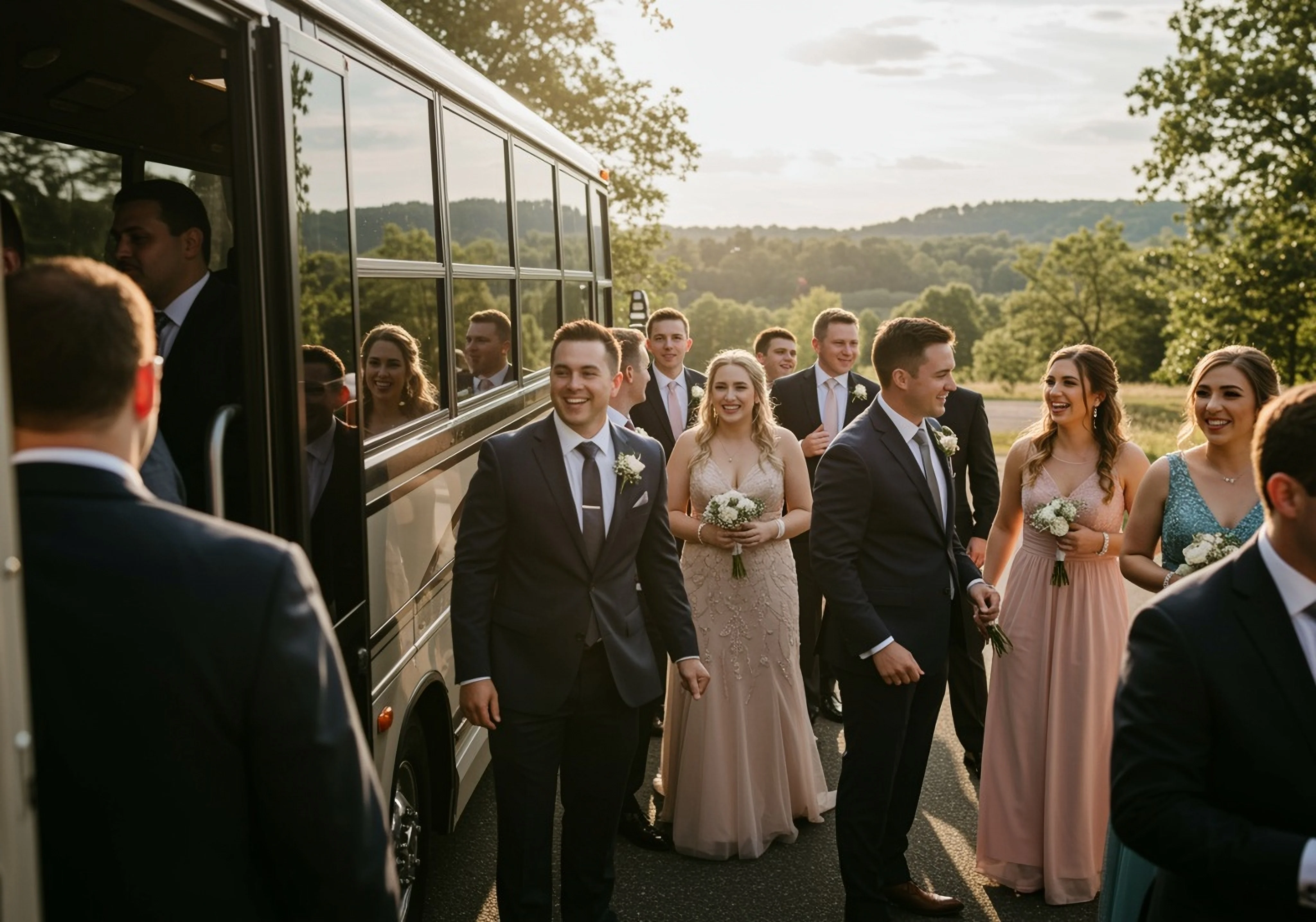 Wedding guests arriving by shuttle bus.